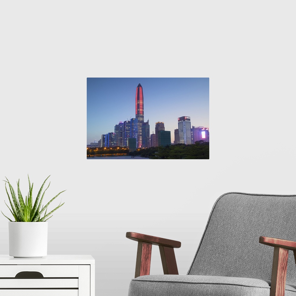 A modern room featuring Ping An International Finance Centre, world's fourth tallest building in 2017 at 600m, and Civic ...