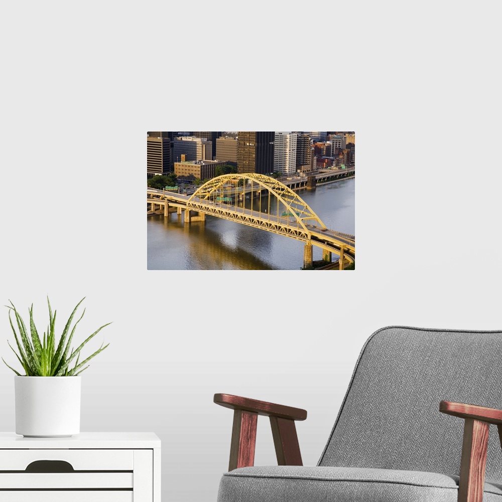 A modern room featuring Pittsburgh skyline and Fort Pitt Bridge over the Monongahela River, Pennsylvania