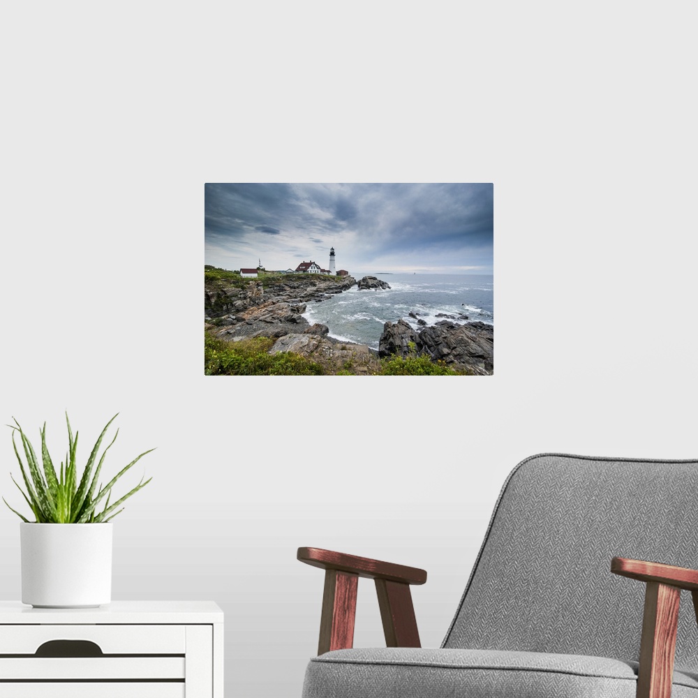 A modern room featuring Portland Head Light, historic lighthouse in Cape Elizabeth, Maine, New England, United States of ...