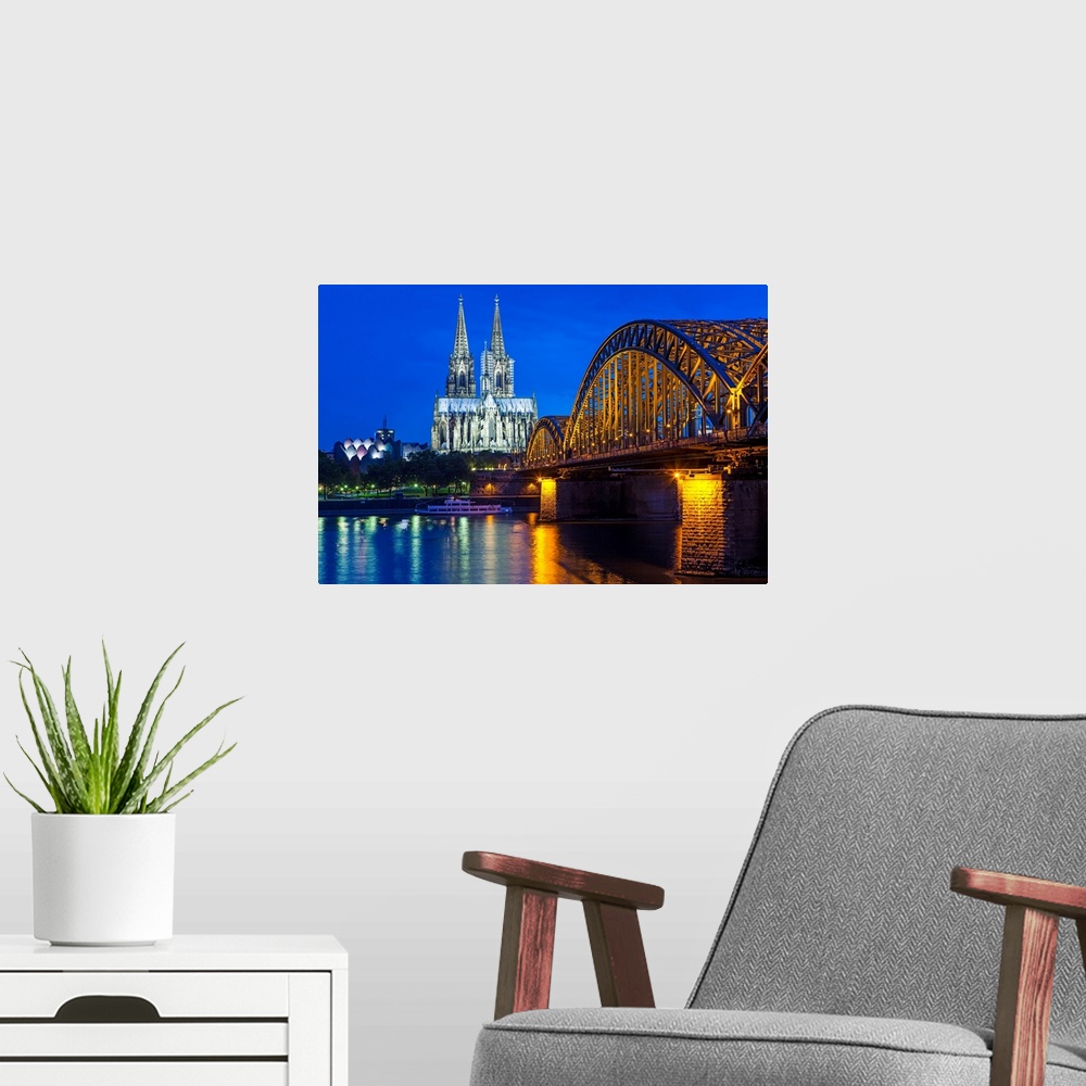 A modern room featuring Rhine bridge and Cathedral of Cologne, North Rhine-Westphalia, Germany