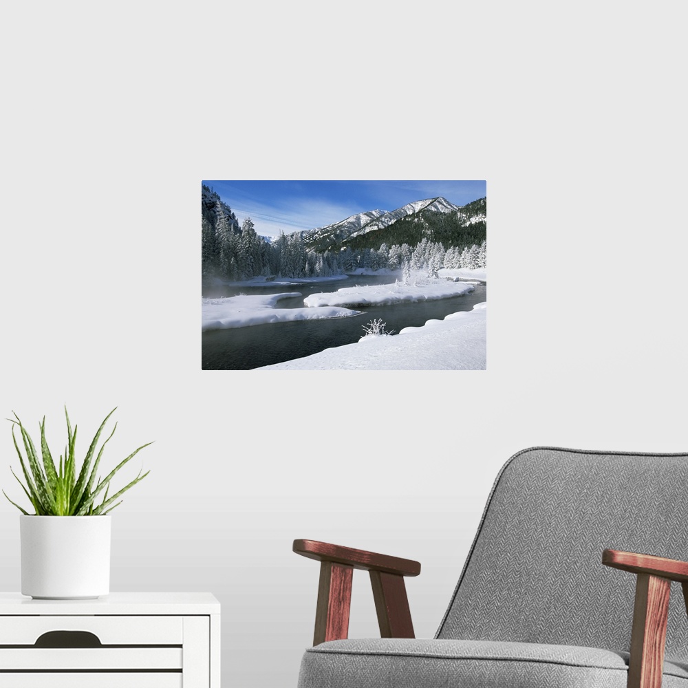 A modern room featuring River in winter, Refuge Point, West Yellowstone, Montana