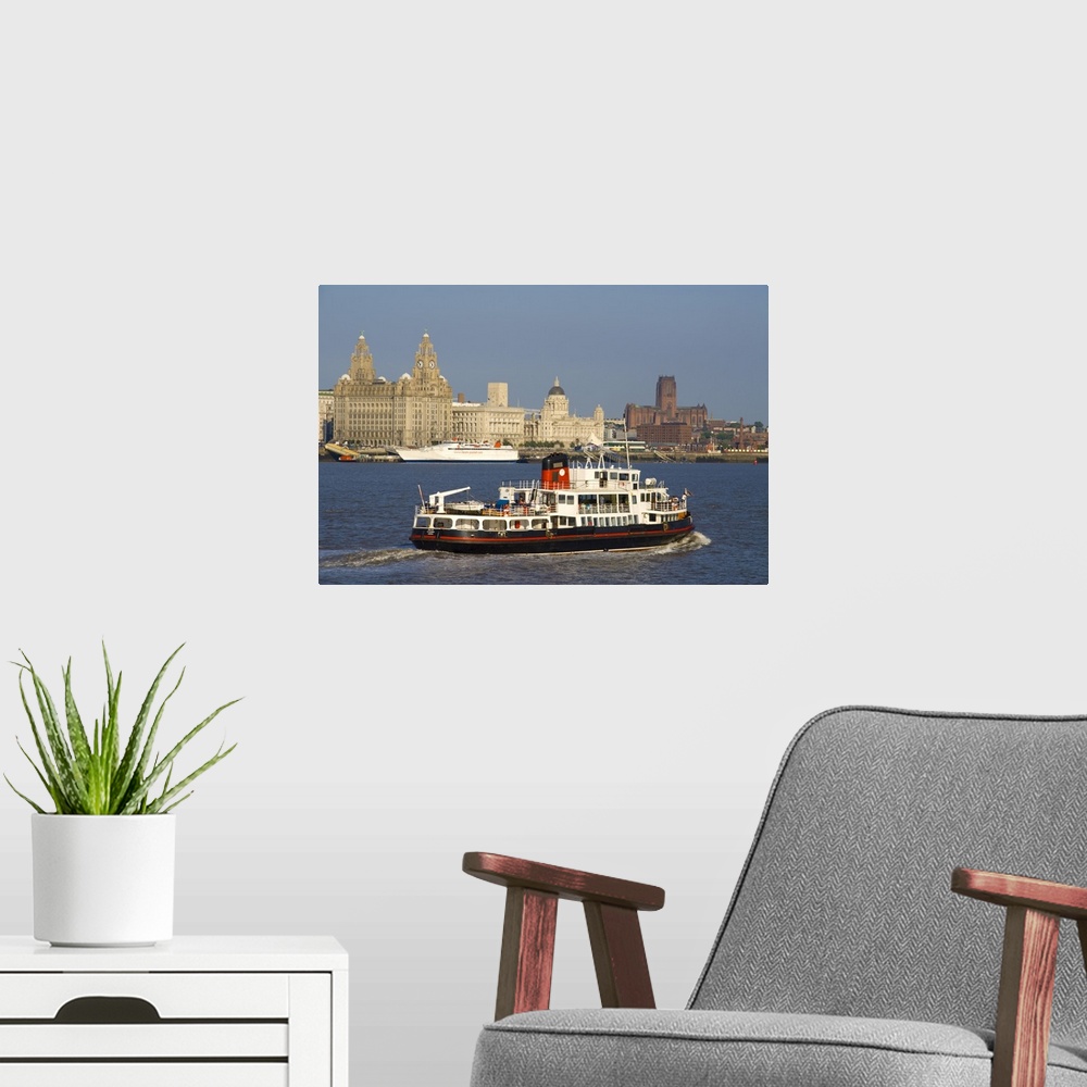 A modern room featuring River Mersey ferry and the Three Graces, Liverpool, Merseyside, England