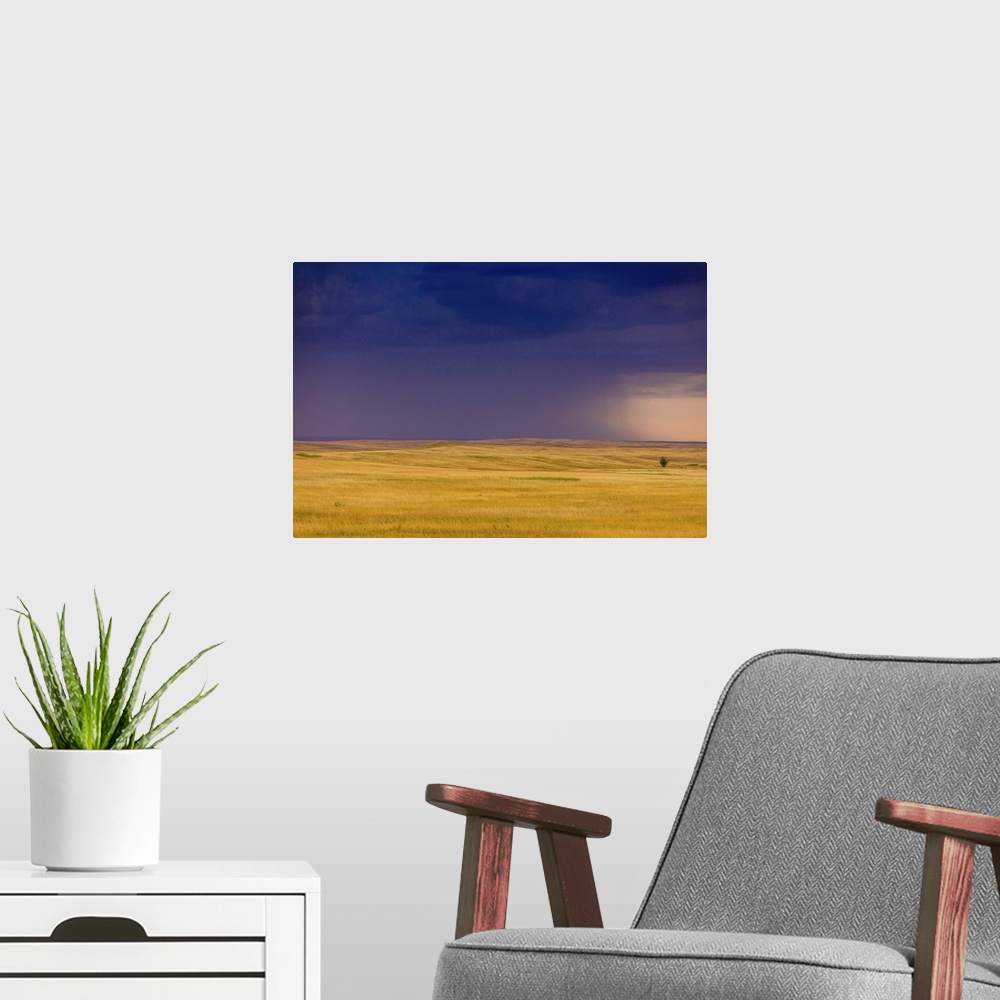 A modern room featuring Rolling plains against a dark stormy sky in the Badlands, South Dakota, United States of America,...