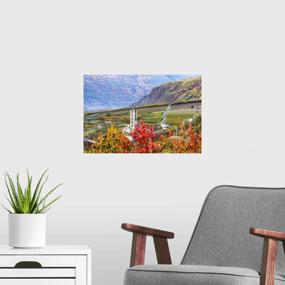 A modern room featuring Rural church in the vineyards and apple orchards, Valtellina, Lombardy, Italy, Europe