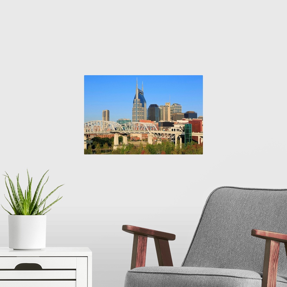 A modern room featuring Shelby Pedestrian Bridge and Nashville skyline, Tennessee, USA
