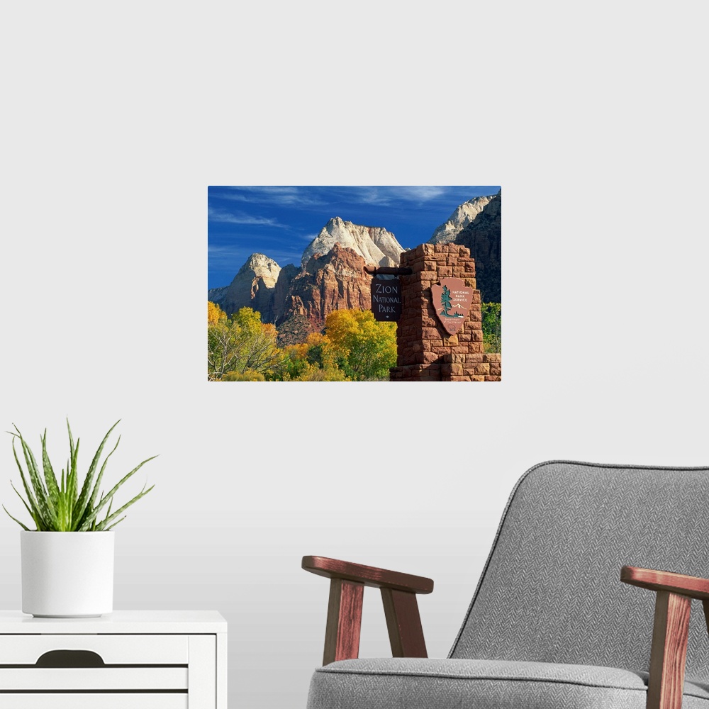 A modern room featuring Sign in the Zion National Park, Utah