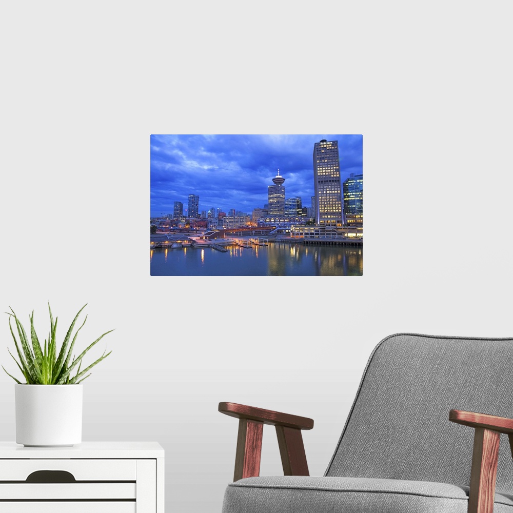 A modern room featuring Skyline and the waterfront in the evening, Vancouver, Canada