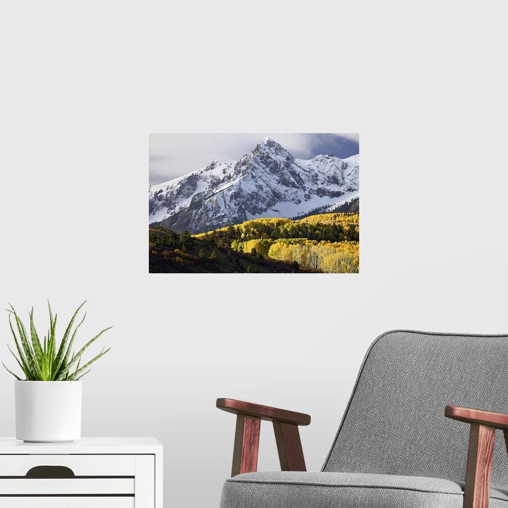A modern room featuring Sneffels Range with aspens in fall colors, near Ouray, Colorado