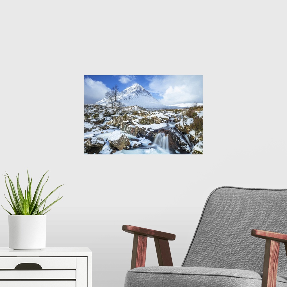 A modern room featuring Snow covered Buachaille Etive Mor and the River Coupall, Glen Etive, Rannoch Moor, Glencoe, Scott...