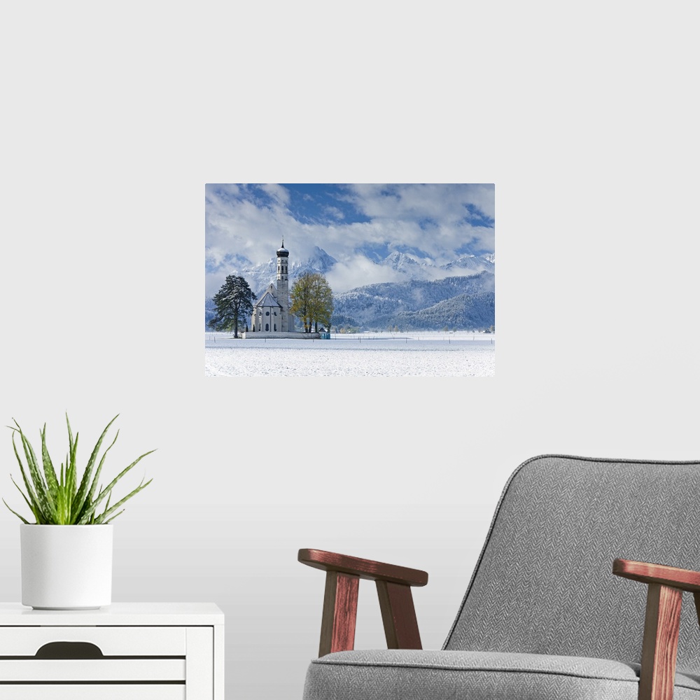 A modern room featuring St. Coloman Church in winter, Oberbayern, Bavaria, Germany