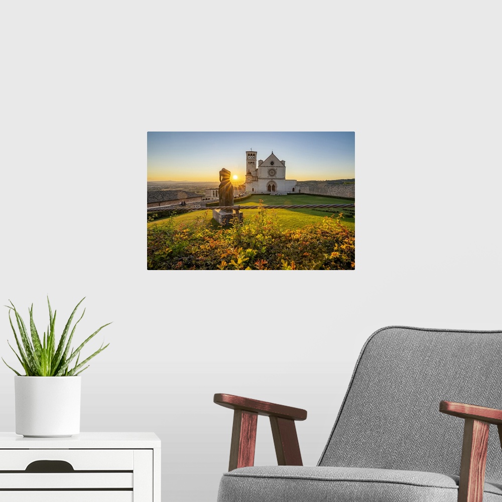 A modern room featuring St. Francis Cathedral at sunset, UNESCO World Heritage Site, Assisi, Umbria, Italy, Europe