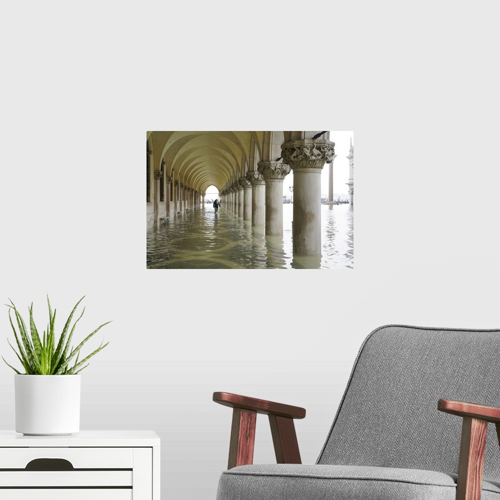 A modern room featuring St. Mark's Square during the high tide in Venice, November 2019, Venice, UNESCO World Heritage Si...