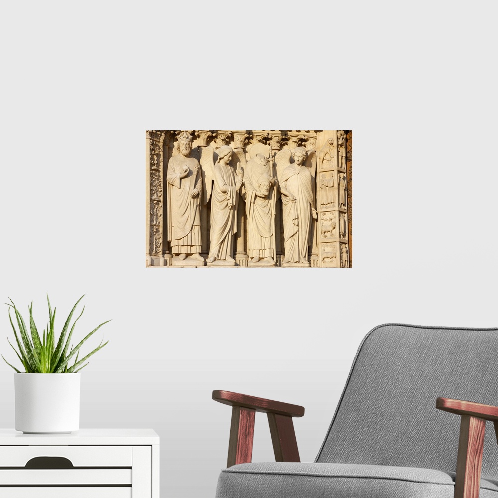 A modern room featuring Statues including the Emperor Constantine and St. Denis carrying his head, Virgin's Gate, west fr...