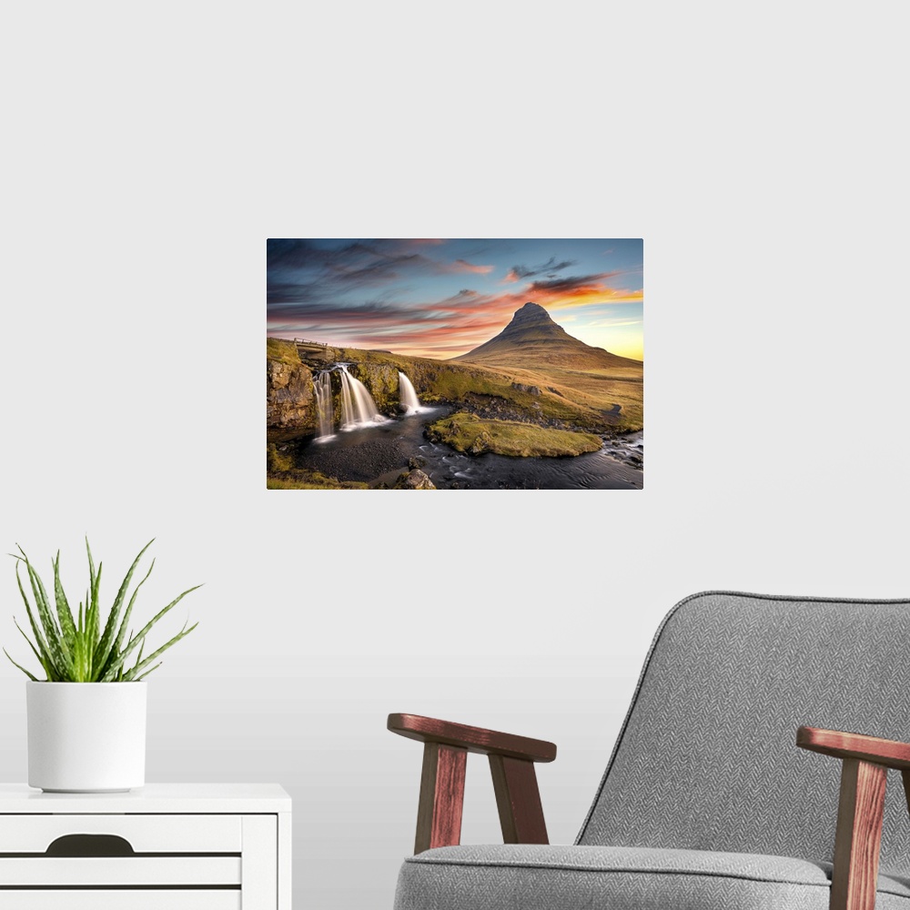A modern room featuring Sunrise at Kirkjufell Mountain overlooking a small waterfall, Iceland, Polar Regions
