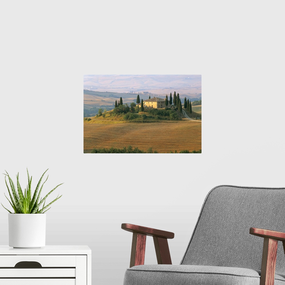A modern room featuring Sunrise near San Quirico d'Orcia, Val d'Orcia, Siena province, Tuscany, Italy
