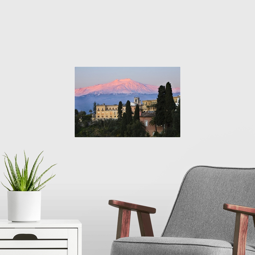 A modern room featuring Sunrise over Taormina and Mount Etna, Taormina, Sicily, Italy