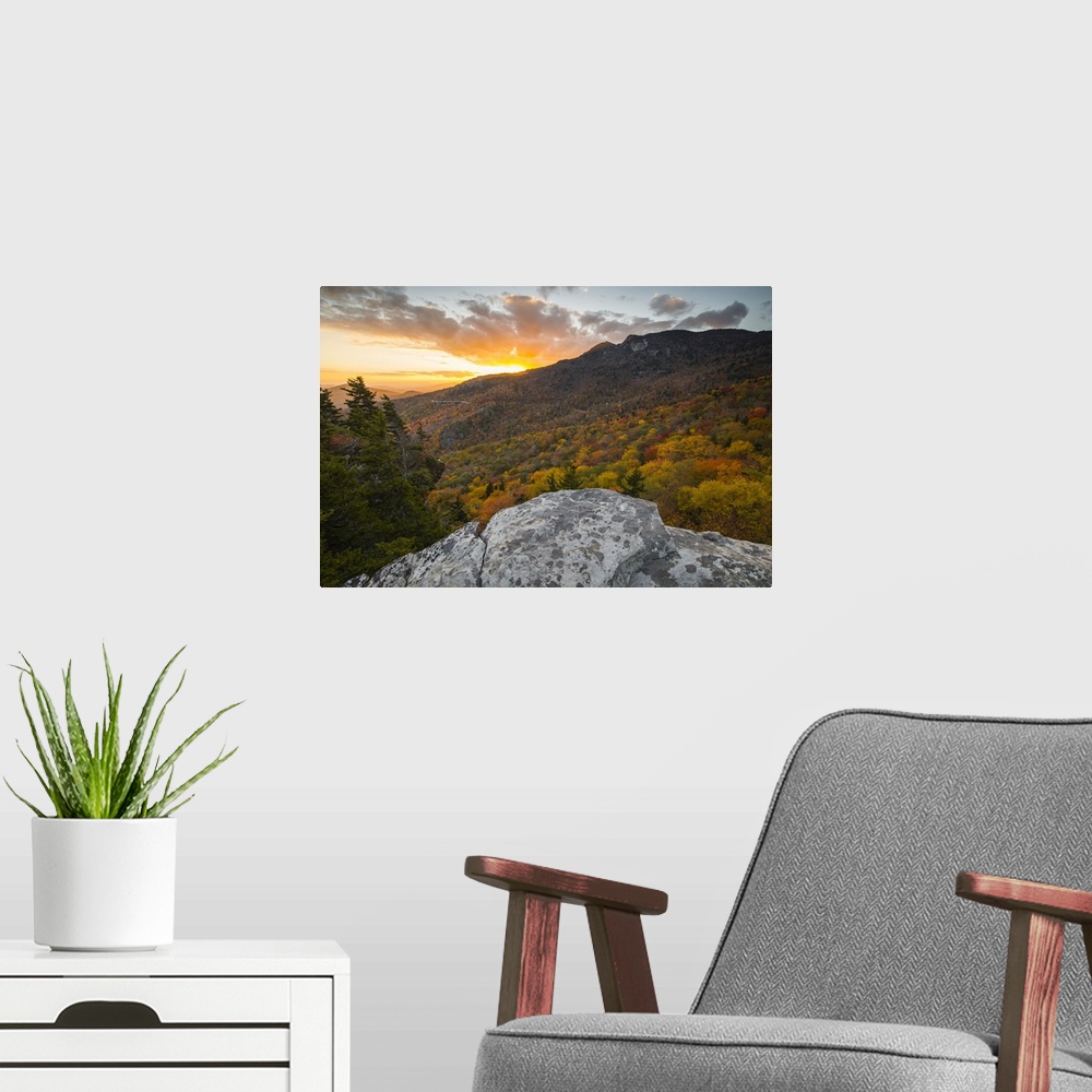 A modern room featuring Sunset and autumn color at Grandfather Mountain, located on the Blue Ridge Parkway, North Carolin...