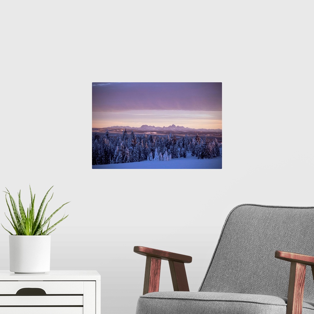 A modern room featuring Sunset on Grand Tetons from Two Tops, West Yellowstone, Montana