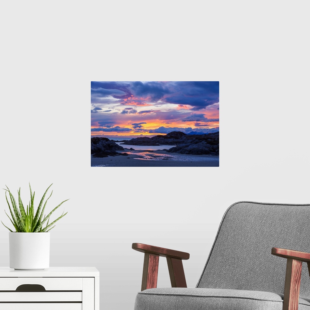 A modern room featuring Sunset over Ardtoe Bay, Ardnamurchan Peninsula, Lochaber, Highlands, Scotland, United Kingdom, Eu...
