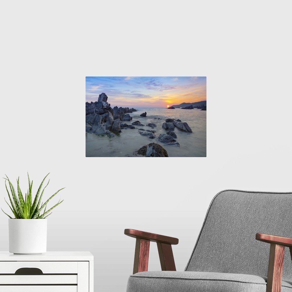 A modern room featuring Sunset over Atlantic, Combesgate Beach, Woolacombe, Devon, England, United Kingdom, Europe