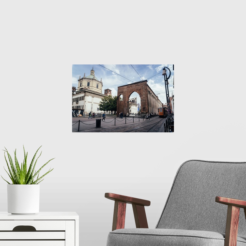 A modern room featuring The Basilica of San Lorenzo Maggiore, an important place of Catholic worship, Milan, Lombardy, Italy