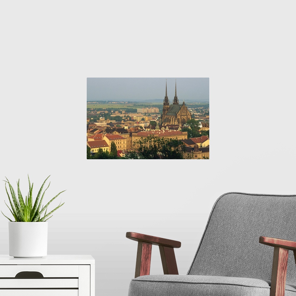 A modern room featuring The cathedral and skyline of the city of Brno in South Moravia, Czech Republic