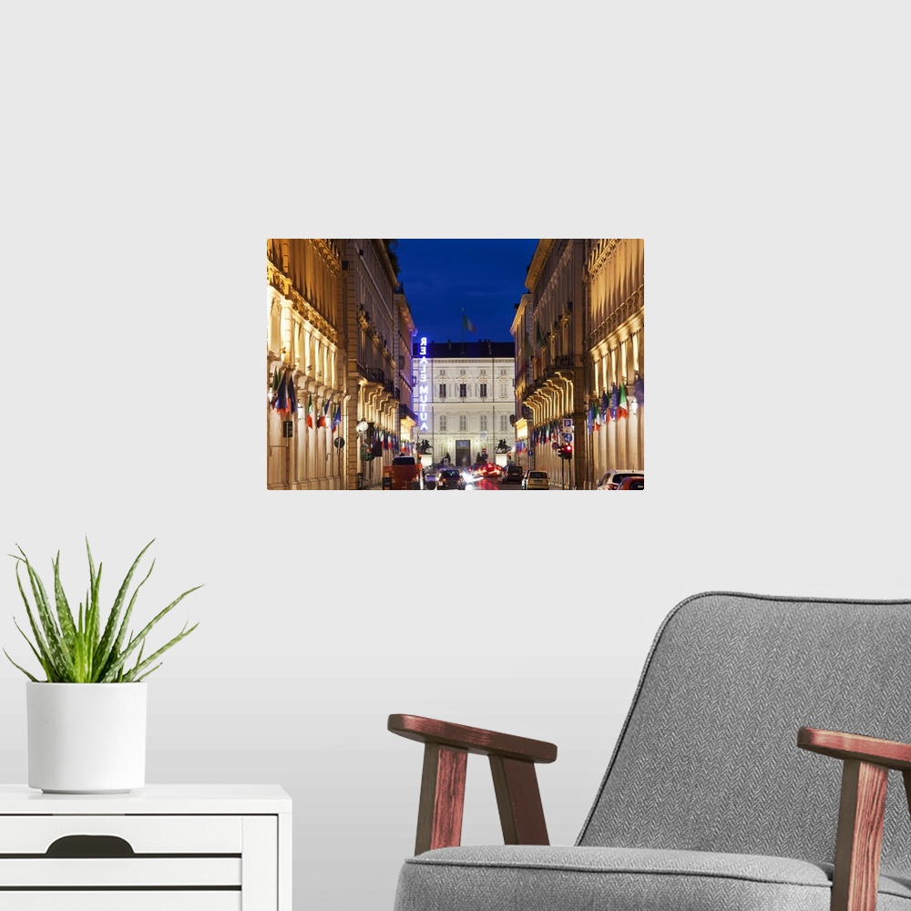 A modern room featuring The Colonnaded Via Roma and Palazzo Reale at dusk, Turin, Piedmont, Italy, Europe.