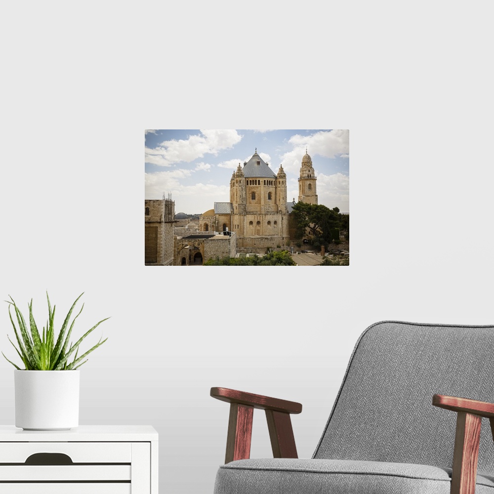 A modern room featuring The Dormition Church on Mount Zion, Jerusalem, Israel, Middle East.