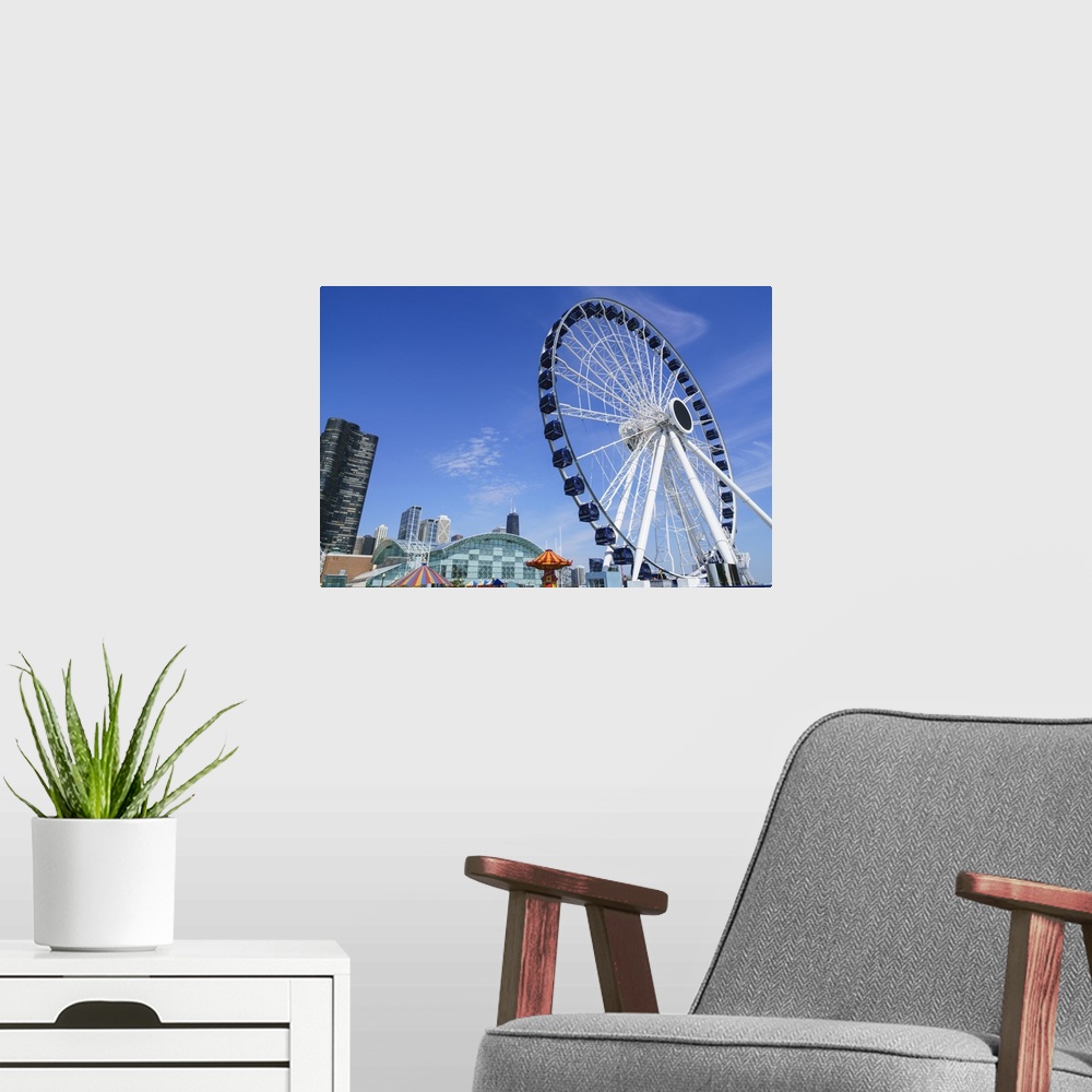 A modern room featuring The ferris wheel on Navy Pier, Chicago, Illinois, United States of America, North America
