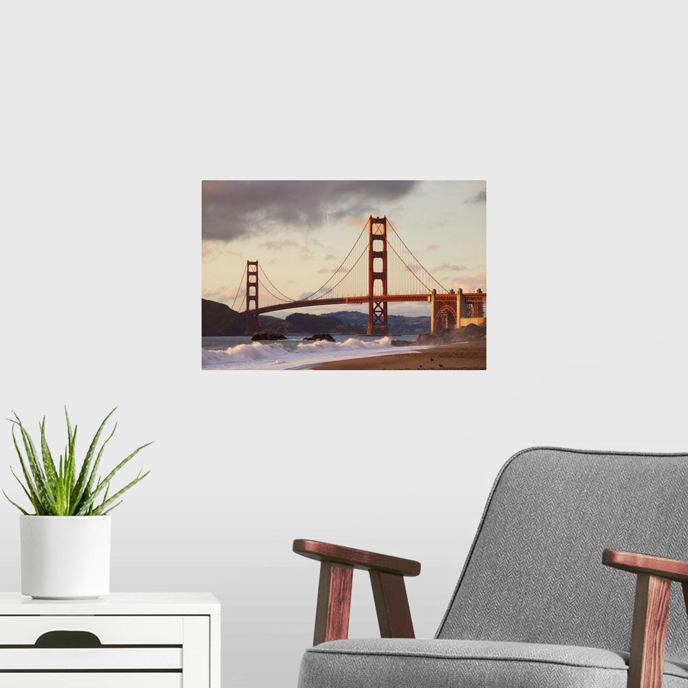 A modern room featuring The Golden Gate Bridge, linking the city of San Francisco with Marin County, taken from Baker Bea...