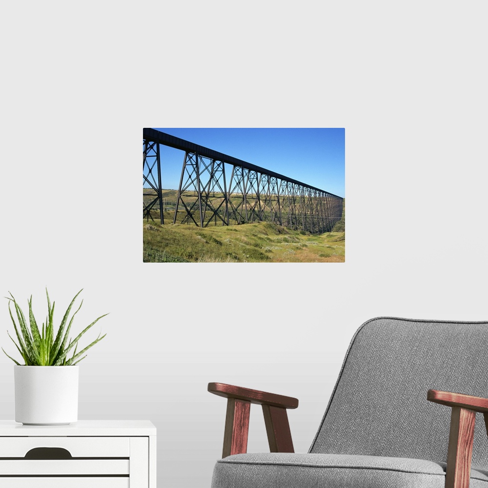 A modern room featuring The iron trestle rail bridge at Great Falls, Montana, USA