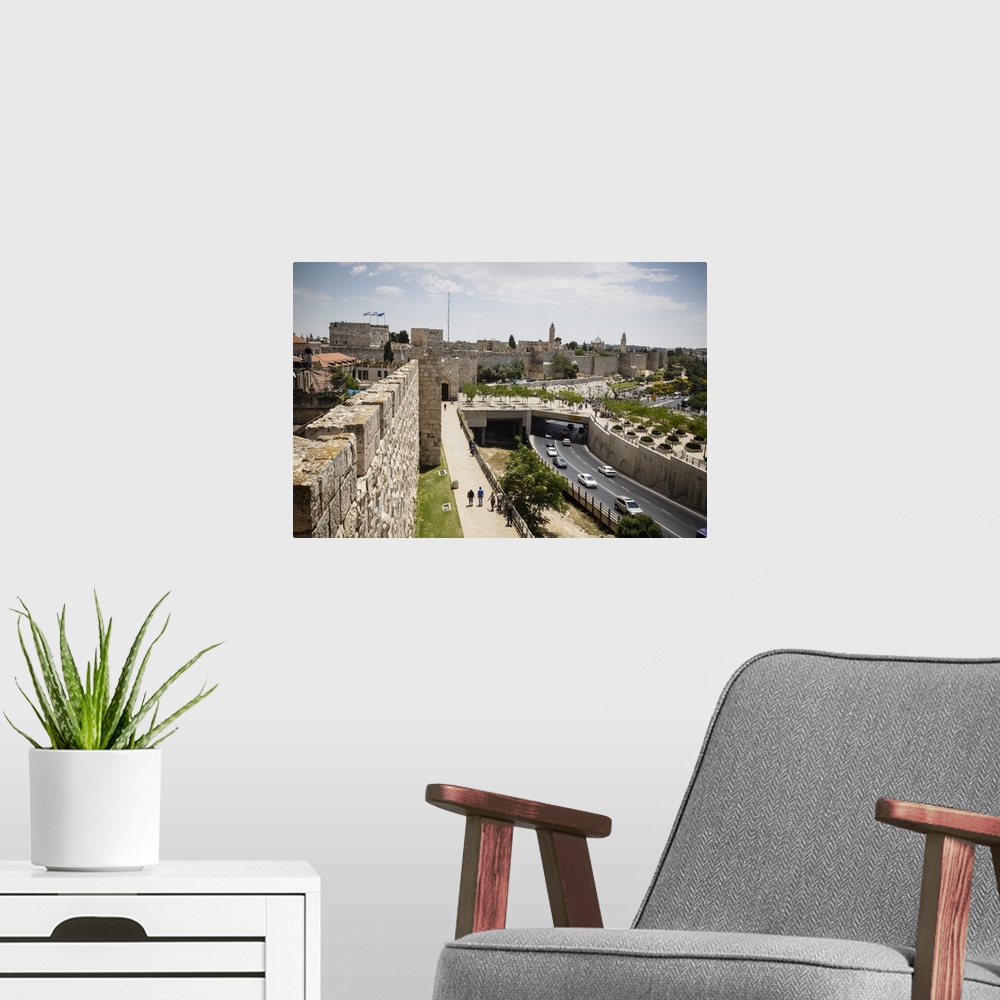 A modern room featuring The Old City walls, UNESCO World Heritage Site, Jerusalem, Israel, Middle East.