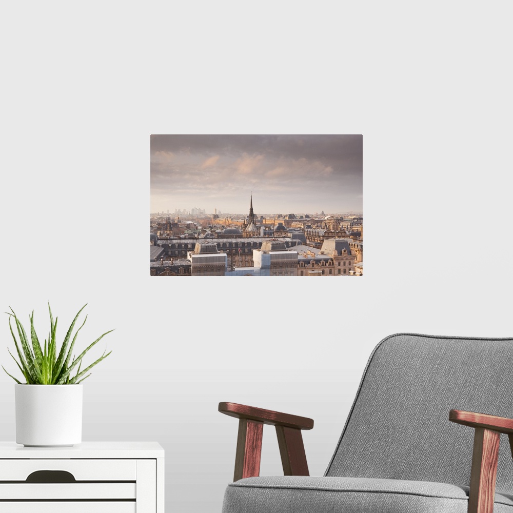 A modern room featuring The rooftops of Paris from Notre Dame cathedral, Paris, France
