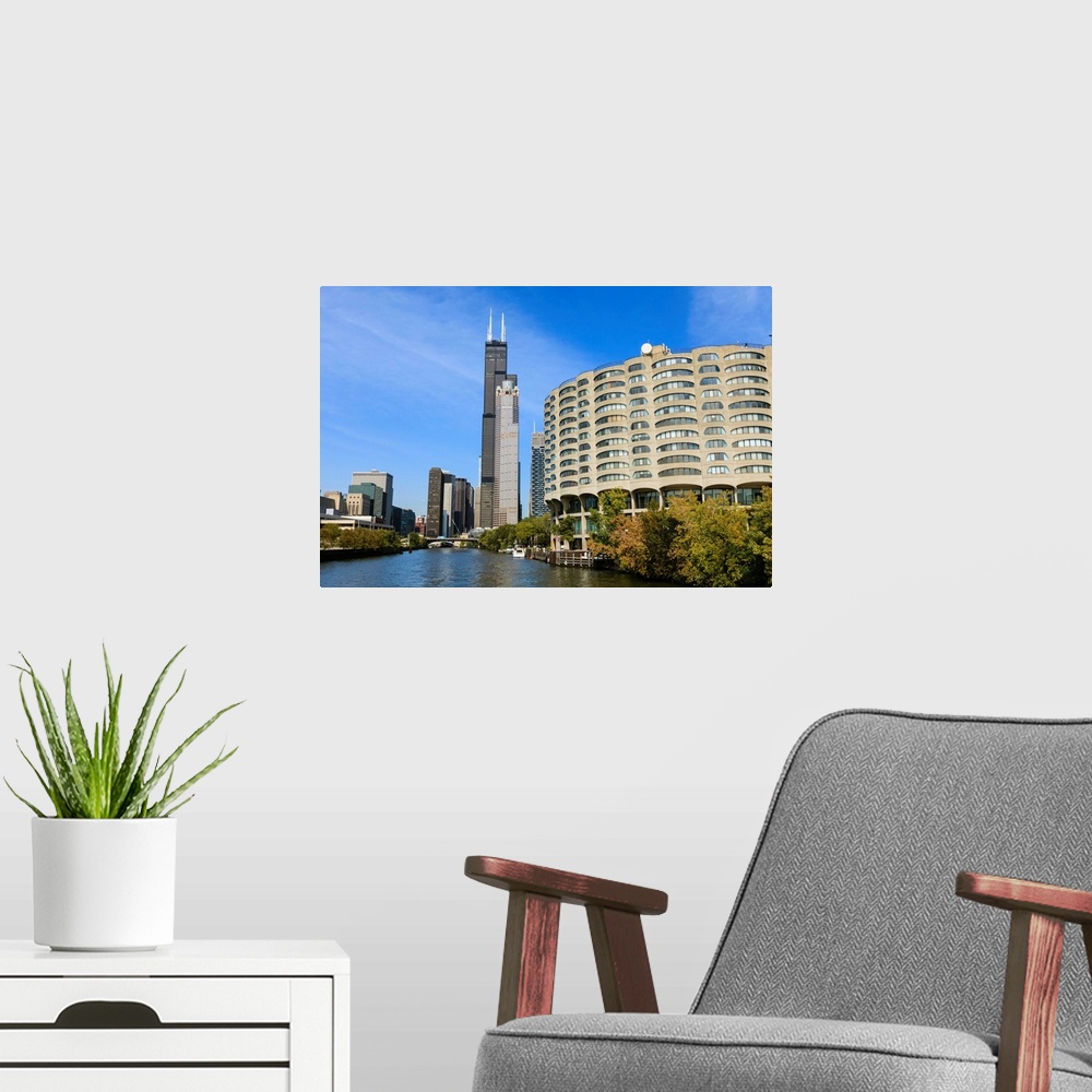 A modern room featuring The south branch of the Chicago River, Chicago, Illinois, USA