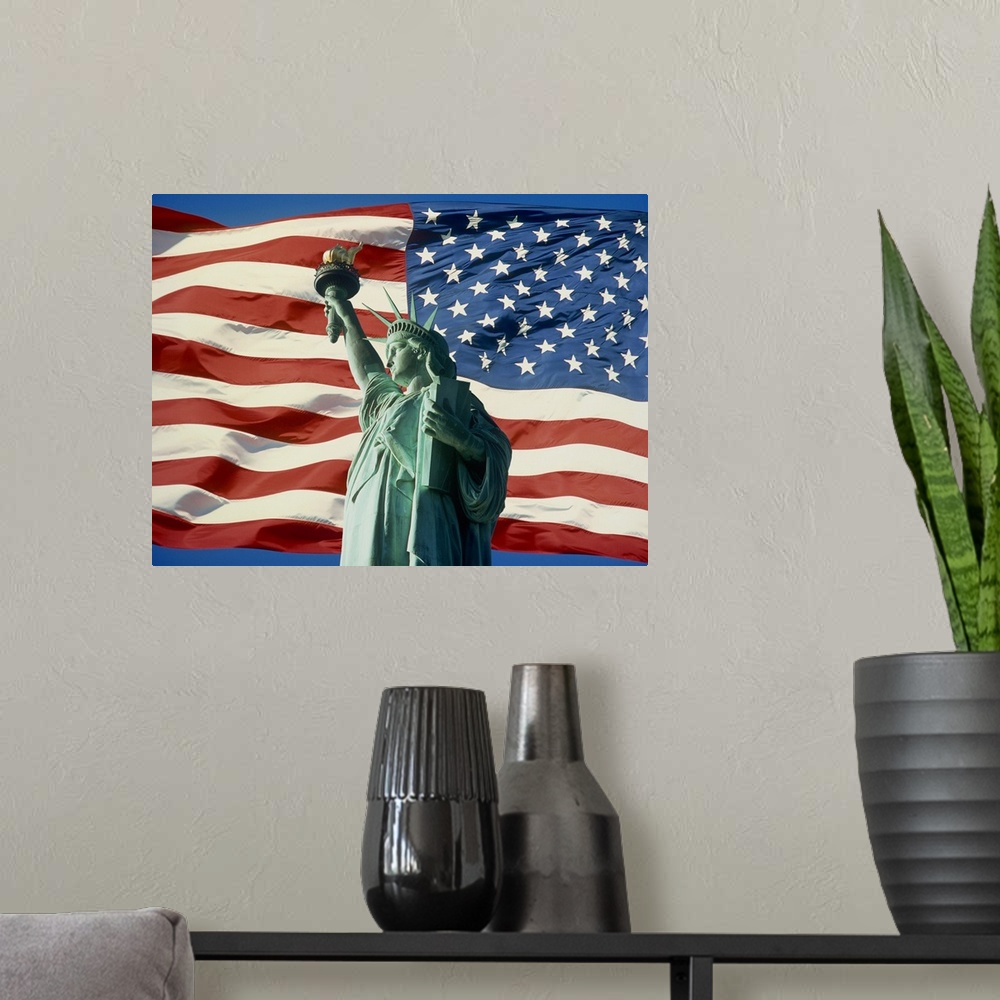 A modern room featuring The Statue of Liberty with the Stars & Stripes, New York, United States of America, North America