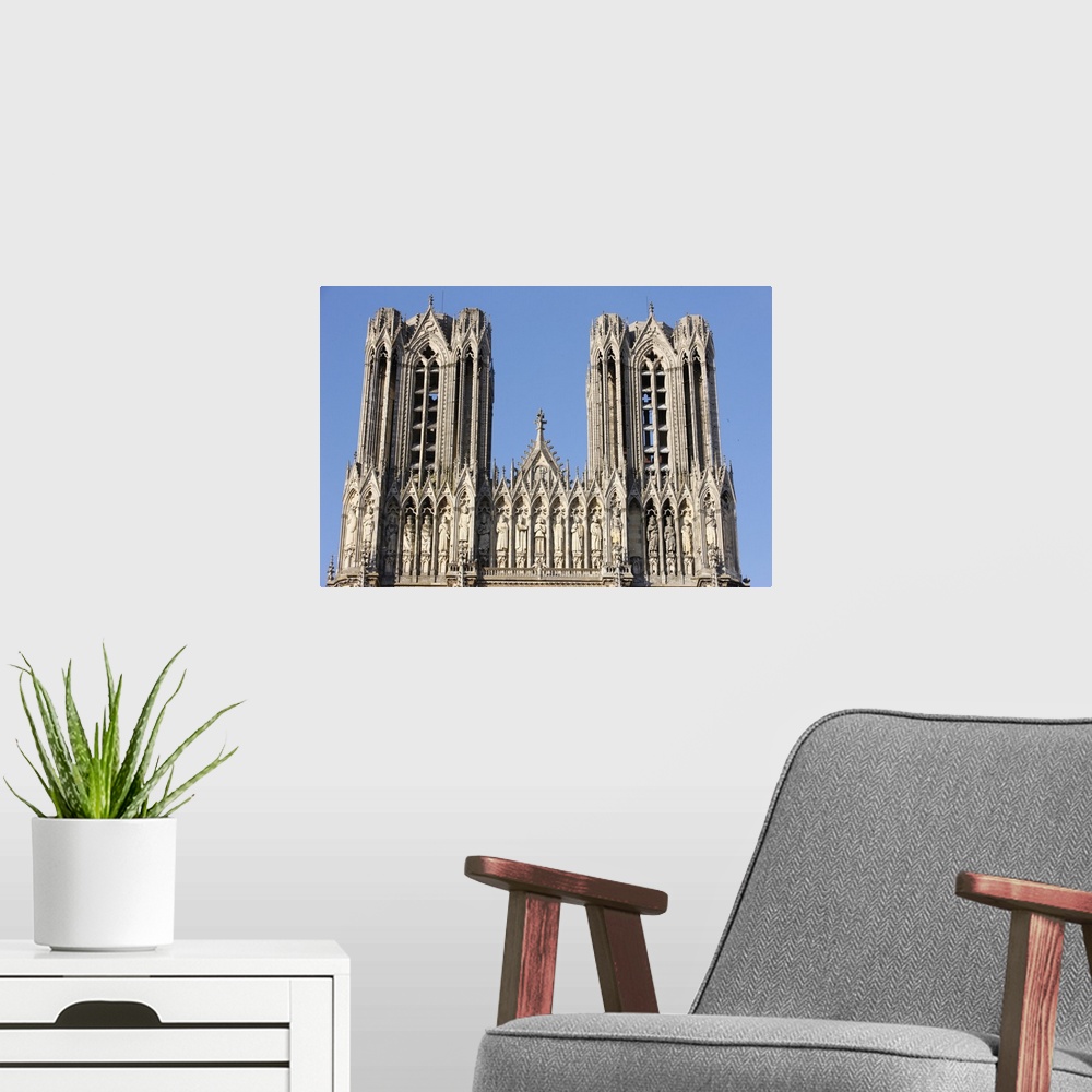 A modern room featuring Towers and Kings' Gallery, Reims Cathedral, Reims, Marne, France, Europe.