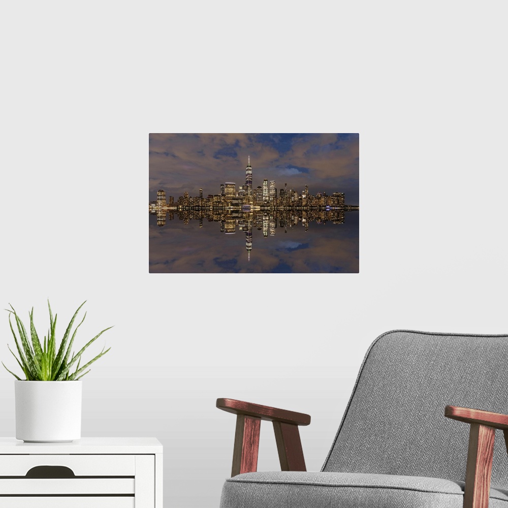 A modern room featuring View from Jersey City of Lower Manhattan with the One World Trade Center, New York City, New York...