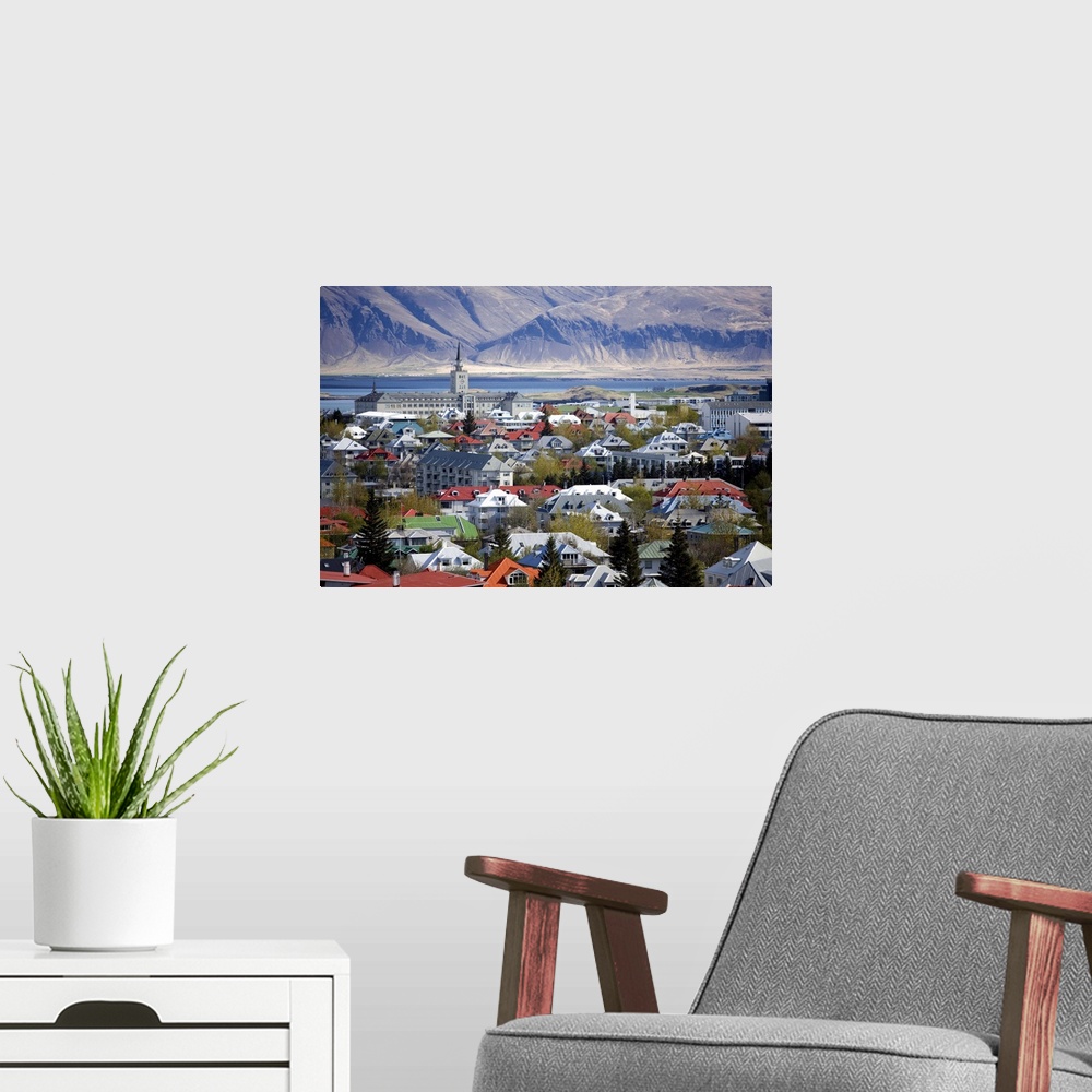 A modern room featuring View over Reykjavik with mountains looming in the distance, Reykjavik, Iceland