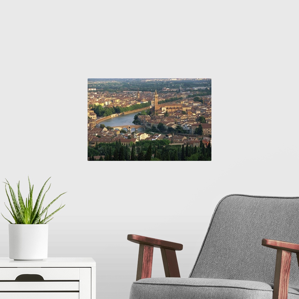 A modern room featuring View over the town of Verona and the River Adige, Verona, Veneto, Italy
