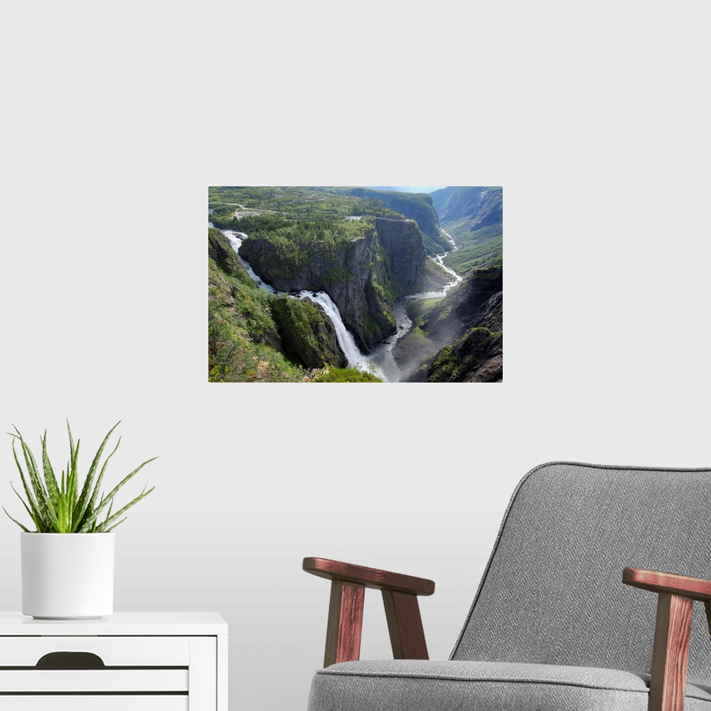 A modern room featuring Voringfoss waterfall, near Eidfjord, Hordaland, Norway, Scandinavia