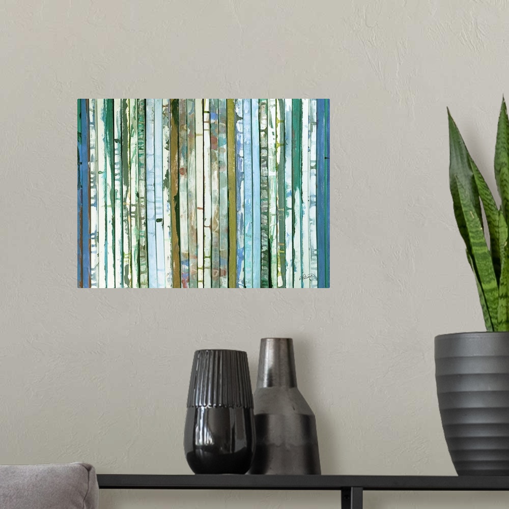 A modern room featuring Contemporary abstract painting of slatted bars with vibrant colors.