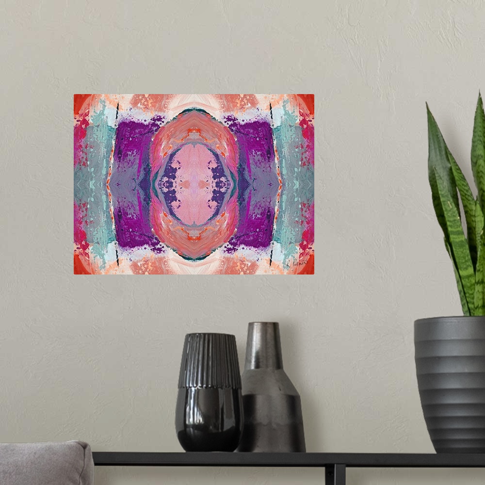 A modern room featuring Abstract contemporary painting resembling a kaleidoscopic image, in pink and purple tones.