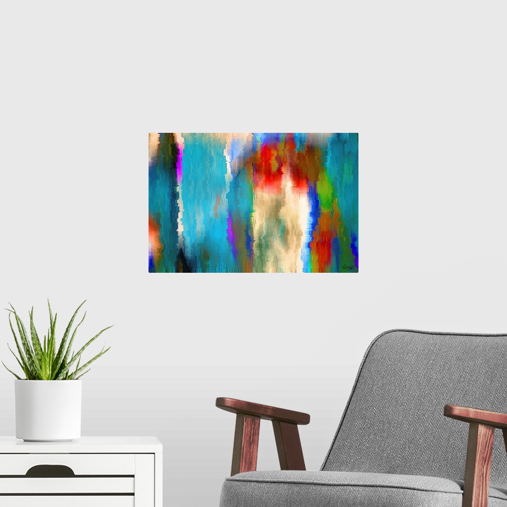A modern room featuring Large, colorful abstract art with overlaying texture.