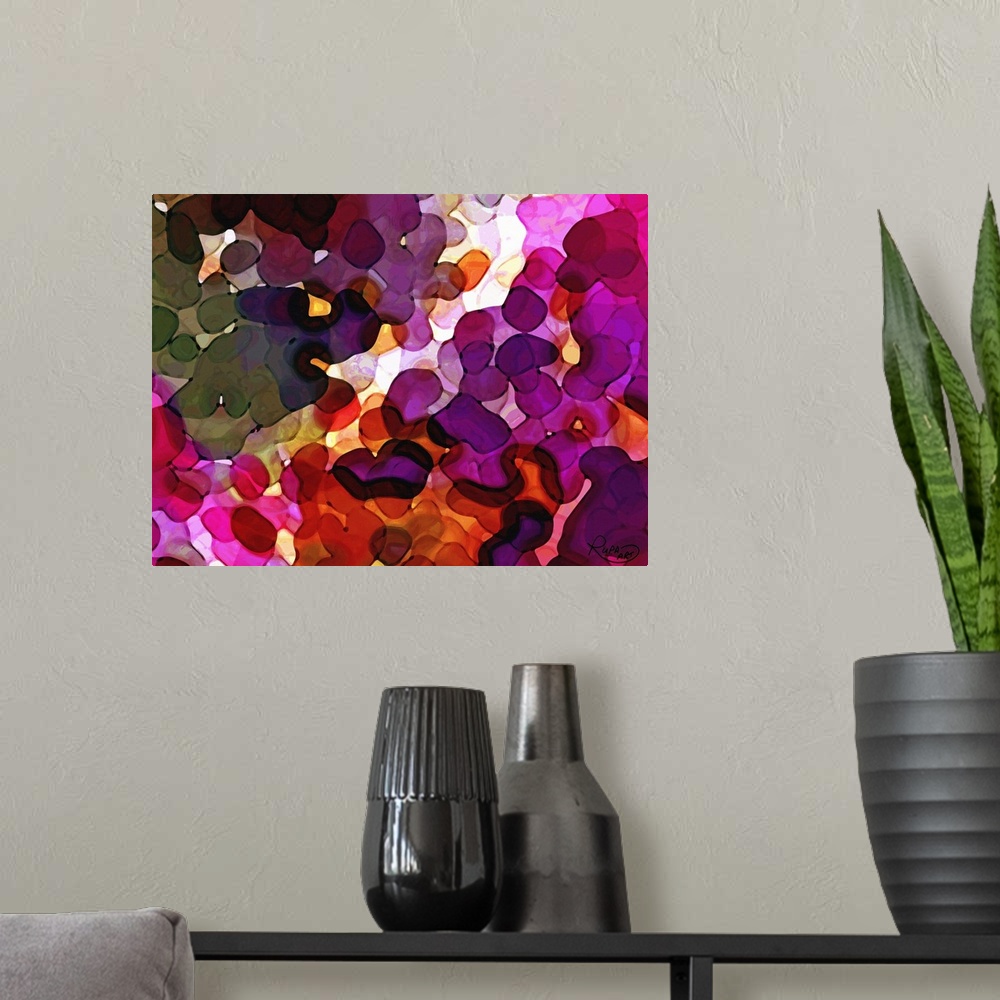 A modern room featuring Large, abstract art with blobs of pink, purple, and orange hues layered on top of each other.