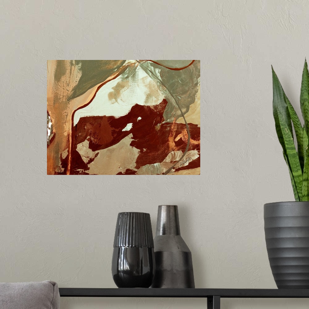 A modern room featuring Abstract painting using deep reds and green with contrasting hints of pale orange and white.