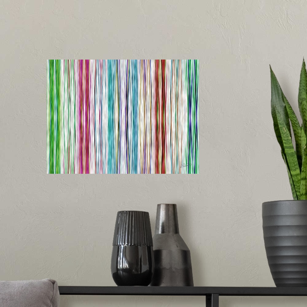 A modern room featuring An abstract design of vertical lines in varies sizes and vibrant colors.