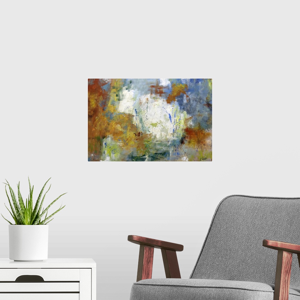 A modern room featuring Oversized, horizontal abstract painting of mixed brushstroke techniques and splatters in multi-co...