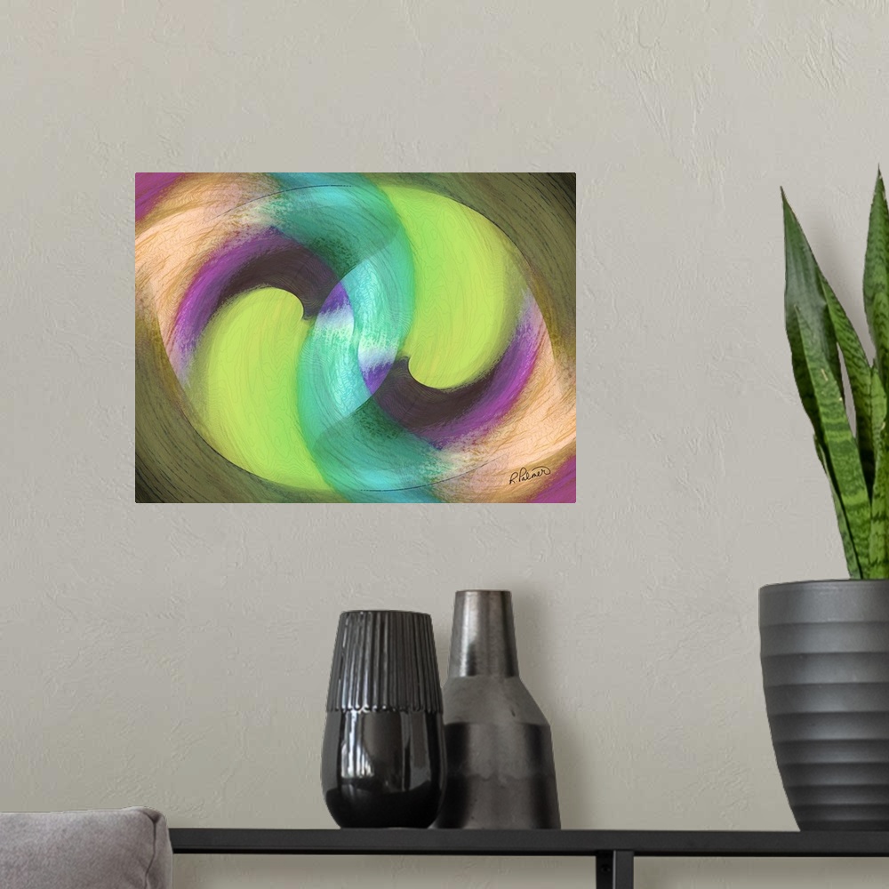 A modern room featuring A horizontal image of varies shades of colors in textured swirls.
