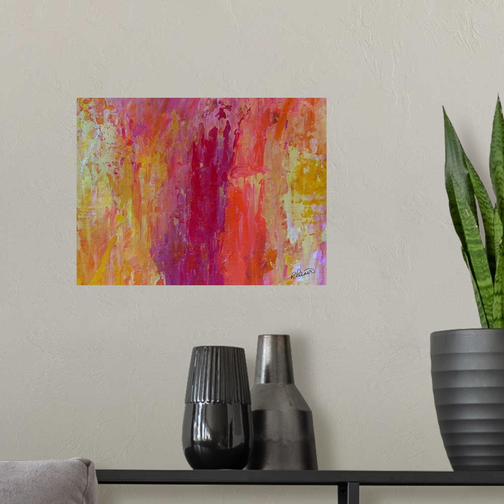 A modern room featuring Warm toned abstract painting with vertically layered brushstrokes creating texture and depth.
