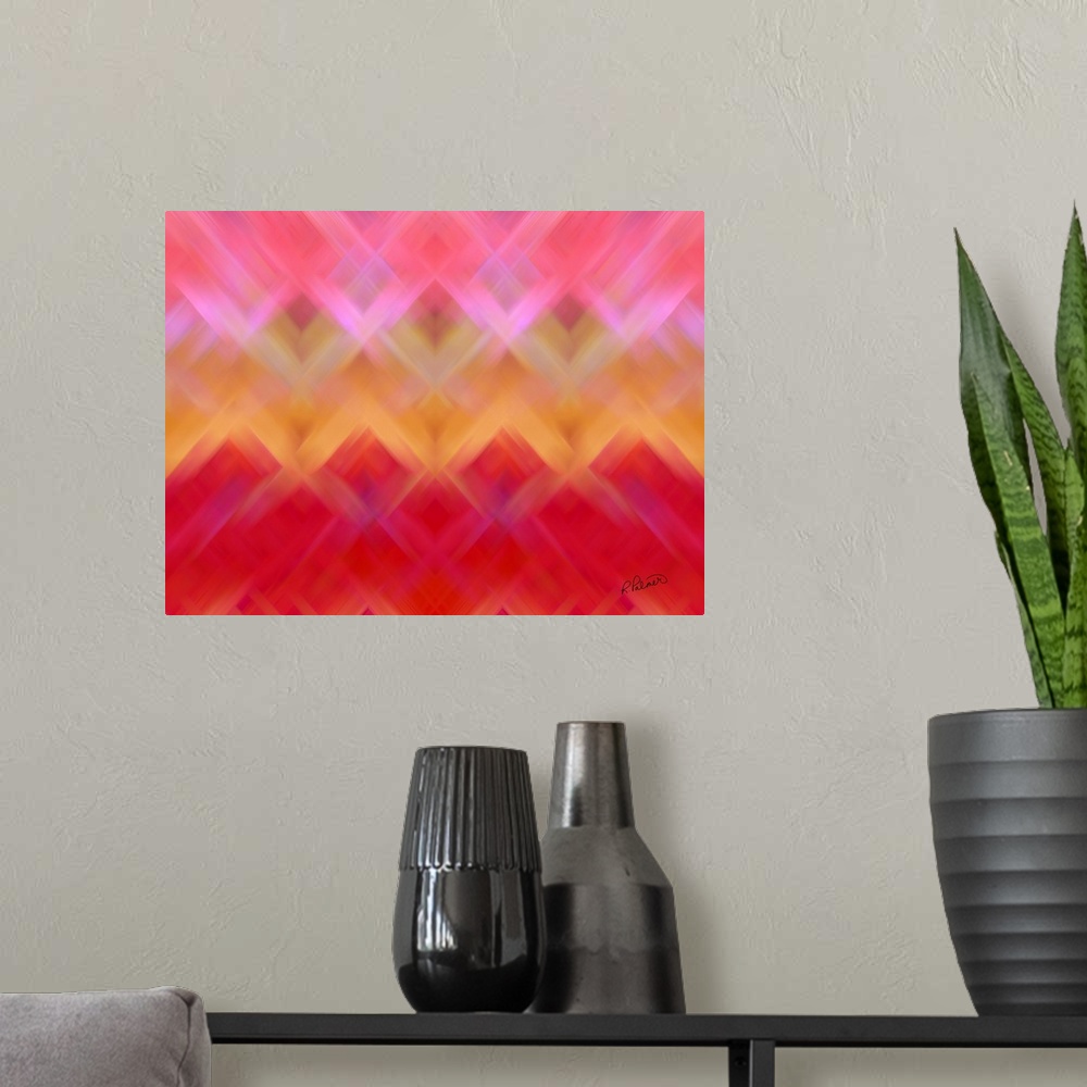 A modern room featuring Vibrant abstract artwork in a basket weave pattern that fades to different colors.
